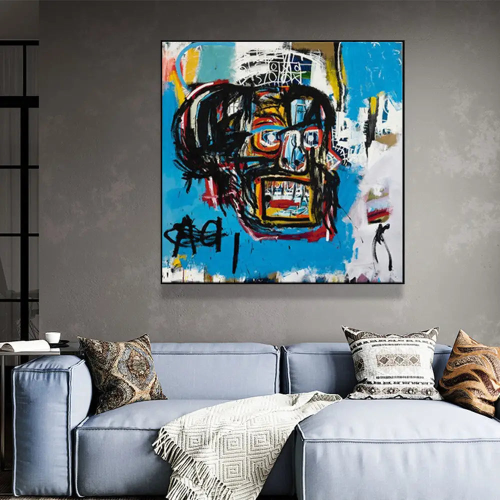 Wall Art 70cmx70cm Blue Head By Basquiat Black Frame Canvas - Home & Garden > Wall Art