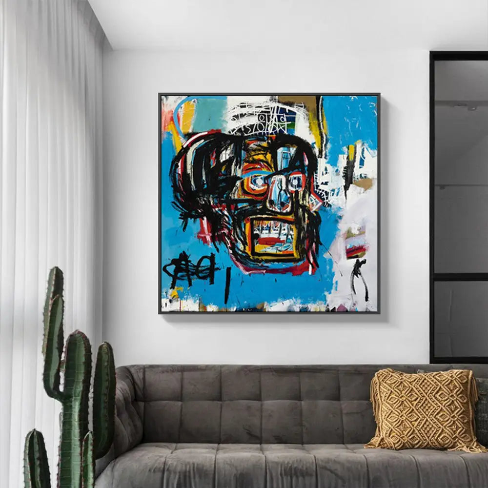 Wall Art 70cmx70cm Blue Head By Basquiat Black Frame Canvas - Home & Garden > Wall Art