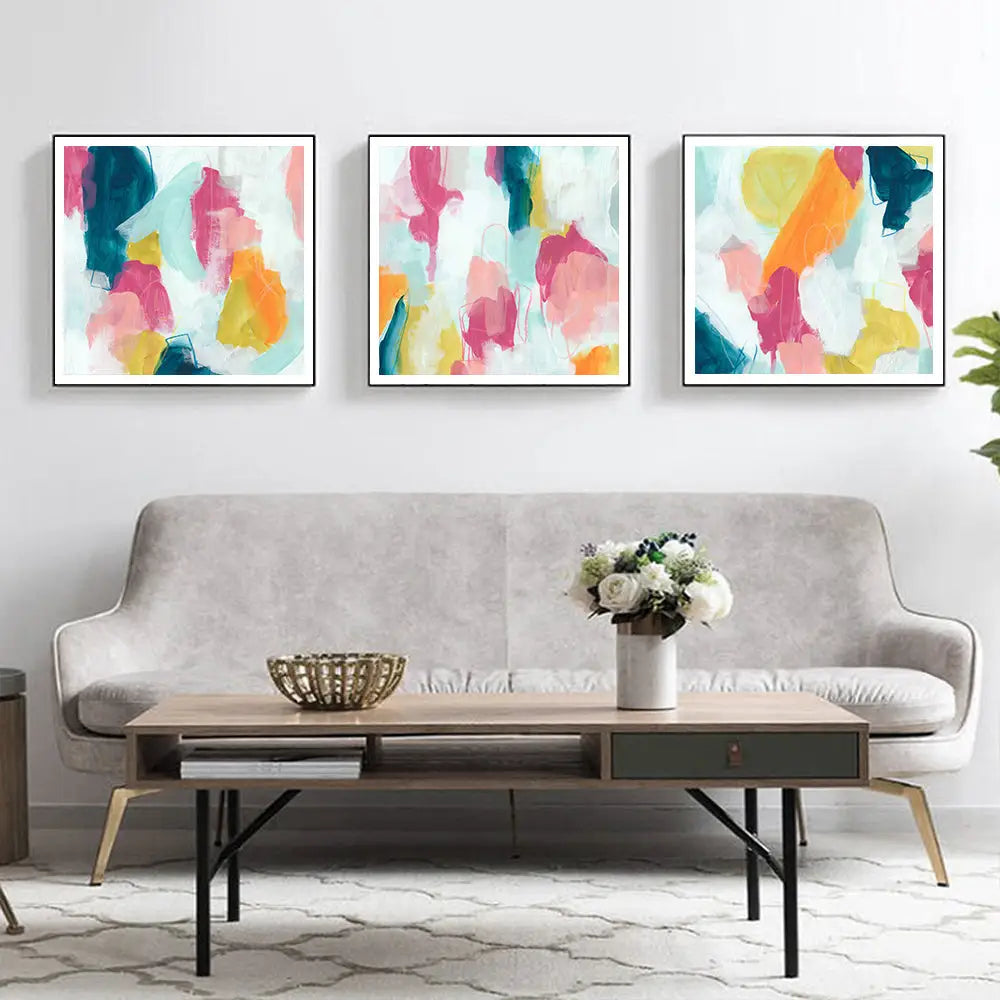 Wall Art 70cmx70cm Colourful 3 Sets Black Frame Canvas - Home & Garden > Wall Art