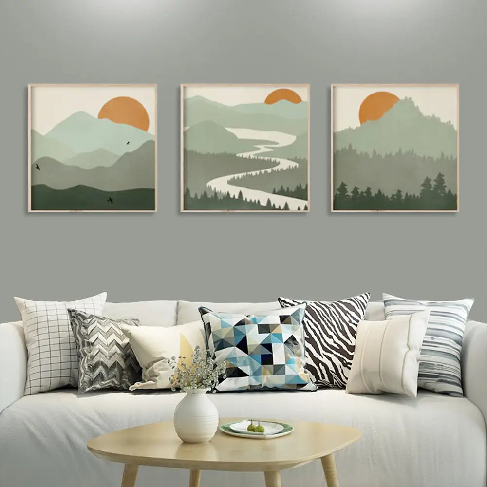 Wall Art 70cmx70cm Sage Green Landscapes 3 Sets Wood Frame Canvas - Home & Garden > Wall Art