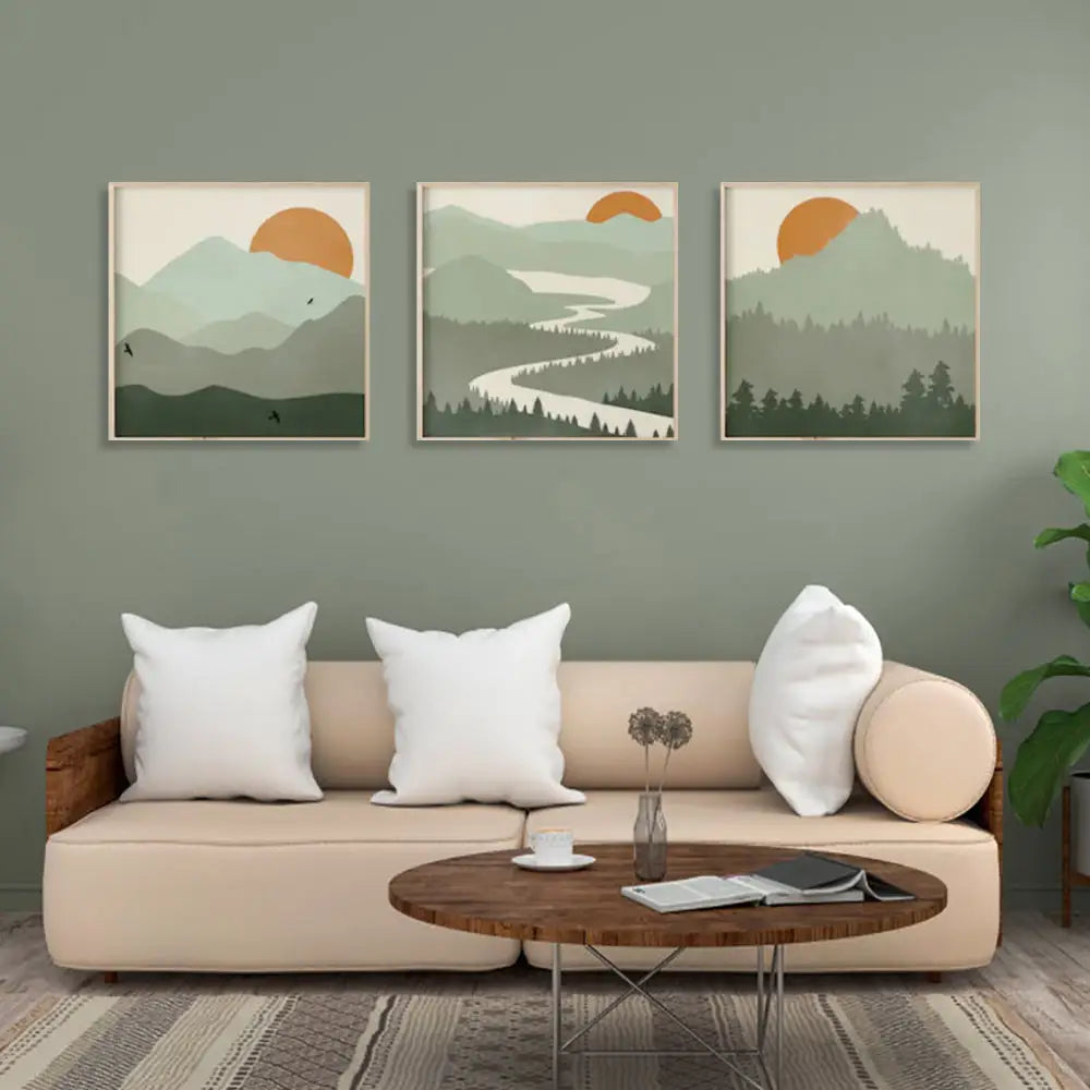 Wall Art 70cmx70cm Sage Green Landscapes 3 Sets Wood Frame Canvas - Home & Garden > Wall Art