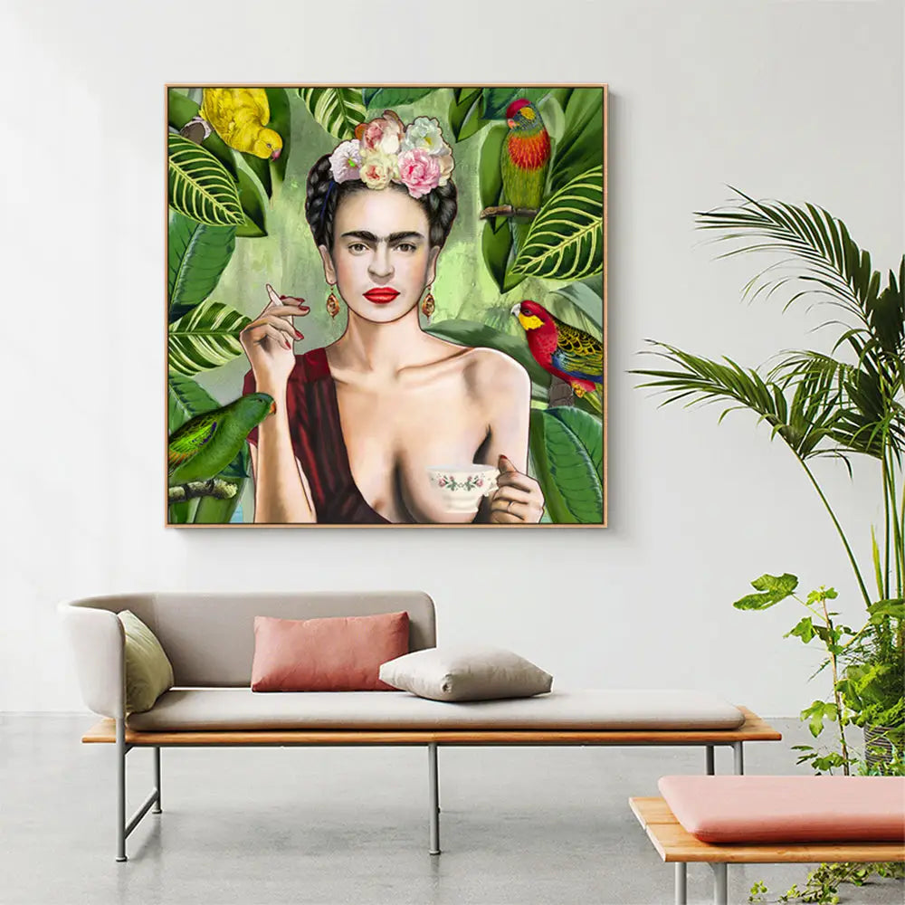 Wall Art 70cmx70cm Self Portrait by Frida Kahlo Wood Frame Canvas - Home & Garden > Wall Art