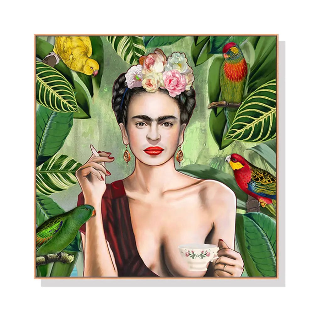 Wall Art 70cmx70cm Self Portrait by Frida Kahlo Wood Frame Canvas - Home & Garden > Wall Art