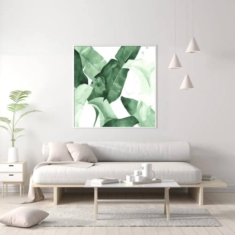 Wall Art 70cmx70cm Tropical Leaves Square Size White Frame Canvas - Home & Garden > Wall Art