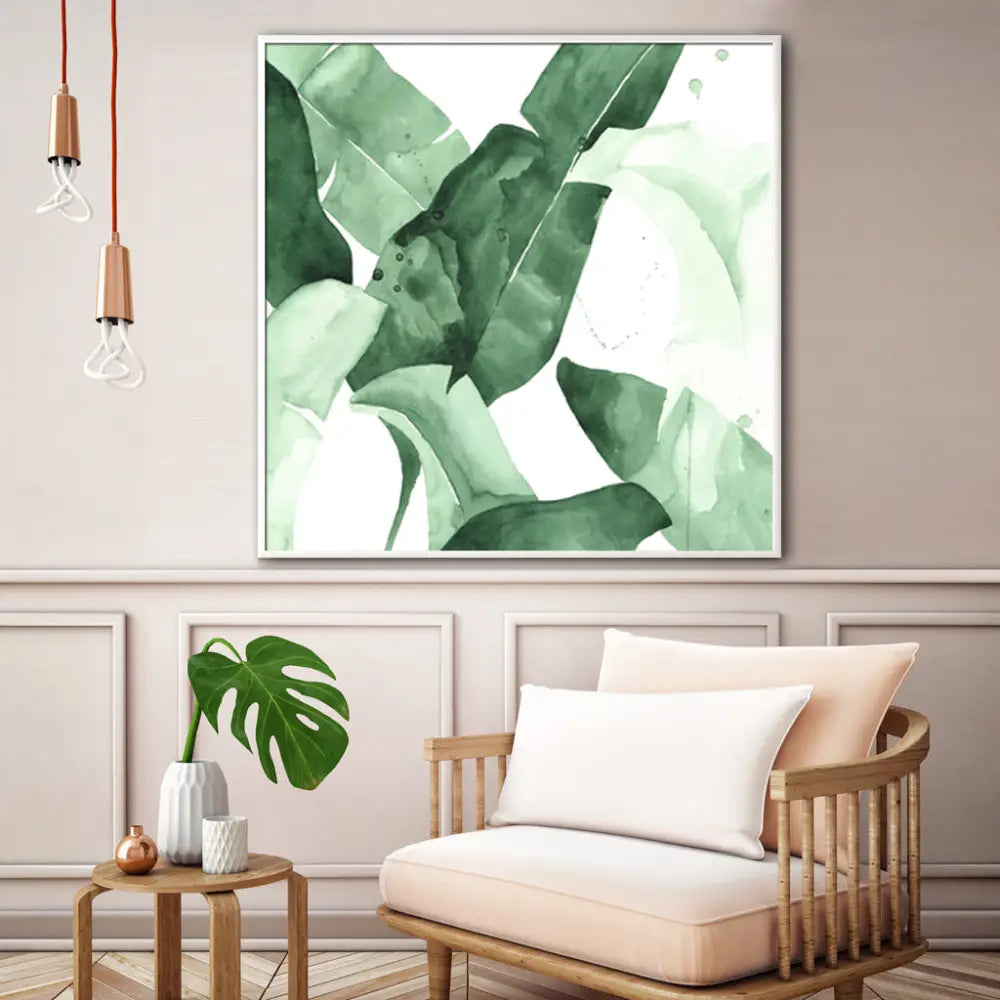 Wall Art 70cmx70cm Tropical Leaves Square Size White Frame Canvas - Home & Garden > Wall Art
