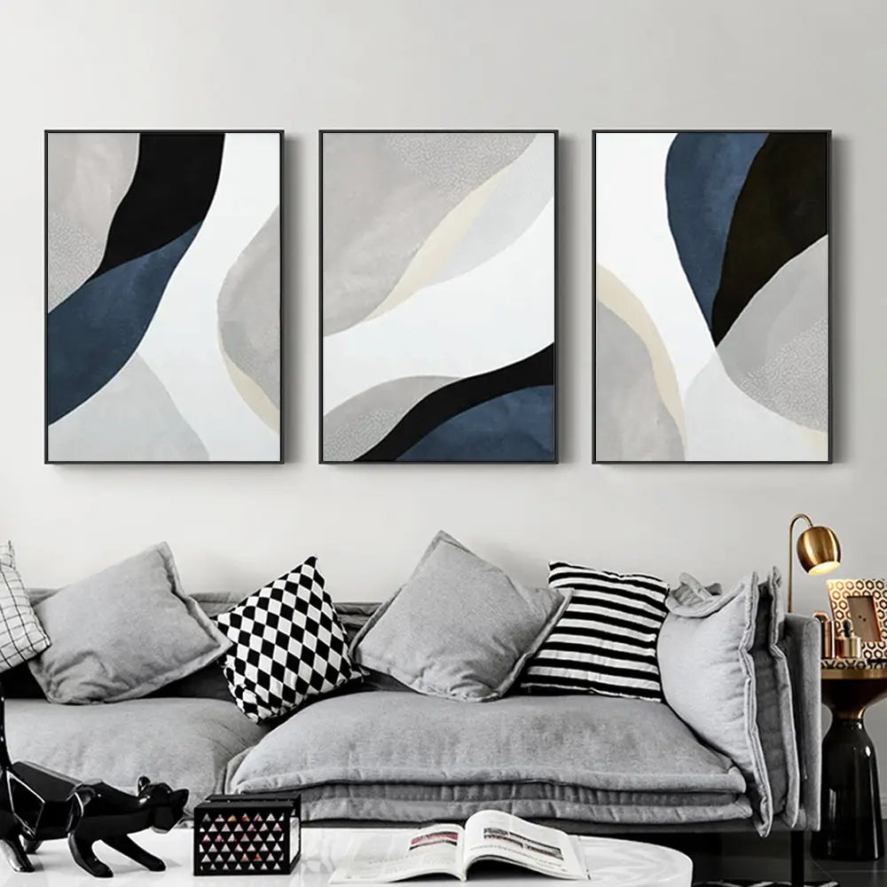 Wall Art 80cmx120cm Abstract Navy Blue 3 Sets Black Frame Canvas - Home & Garden > Wall Art