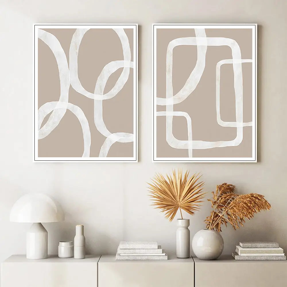Wall Art 80cmx120cm Abstract White Lines 2 Sets White Frame Canvas - Home & Garden > Wall Art