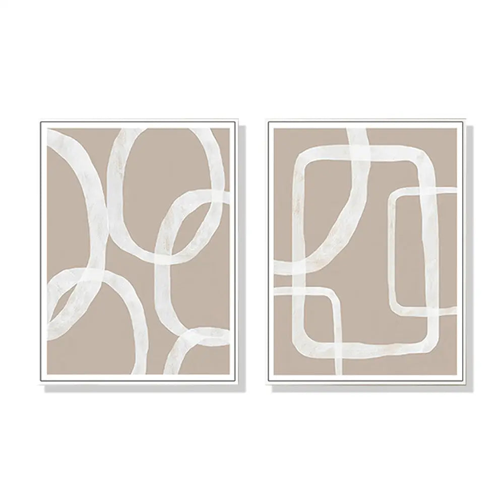 Wall Art 80cmx120cm Abstract White Lines 2 Sets White Frame Canvas - Home & Garden > Wall Art
