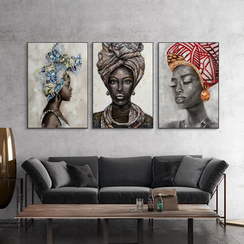 Wall Art 80cmx120cm African women II 3 Sets Black Frame Canvas - Home & Garden > Wall Art