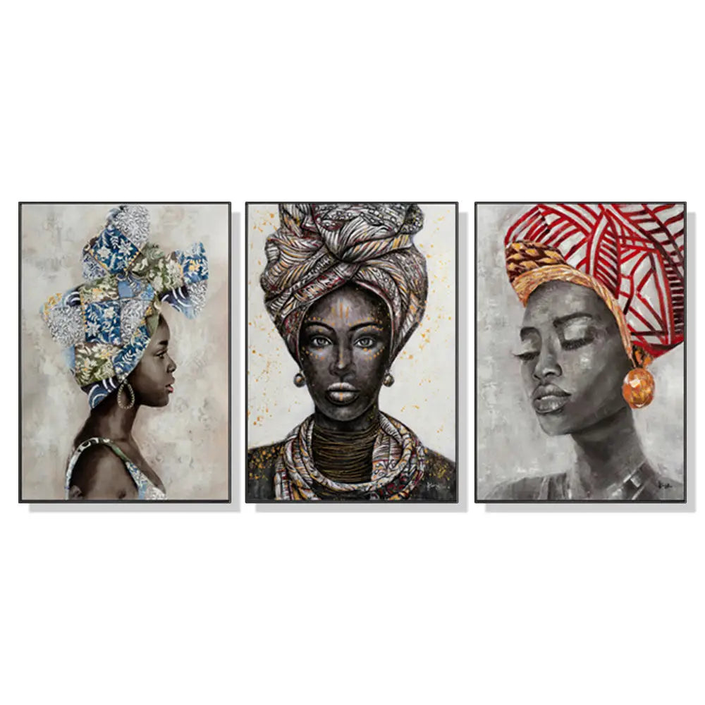 Wall Art 80cmx120cm African women II 3 Sets Black Frame Canvas - Home & Garden > Wall Art