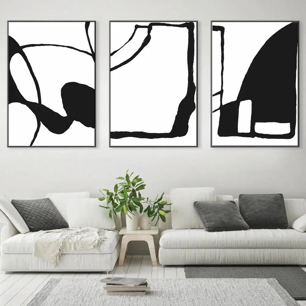 Wall Art 80cmx120cm Black and White 3 Sets Black Frame Canvas - Home & Garden > Wall Art
