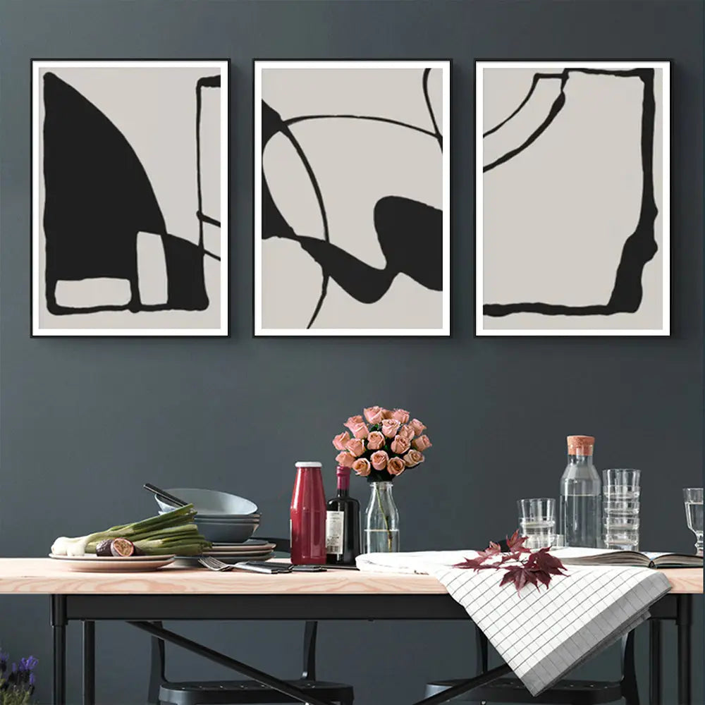 Wall Art 80cmx120cm Black Beige 3 Sets Black Frame Canvas - Home & Garden > Wall Art