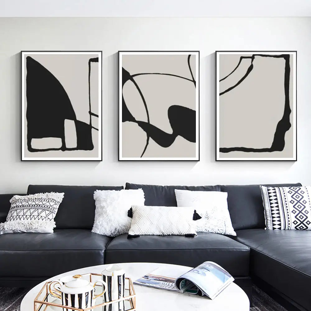 Wall Art 80cmx120cm Black Beige 3 Sets Black Frame Canvas - Home & Garden > Wall Art