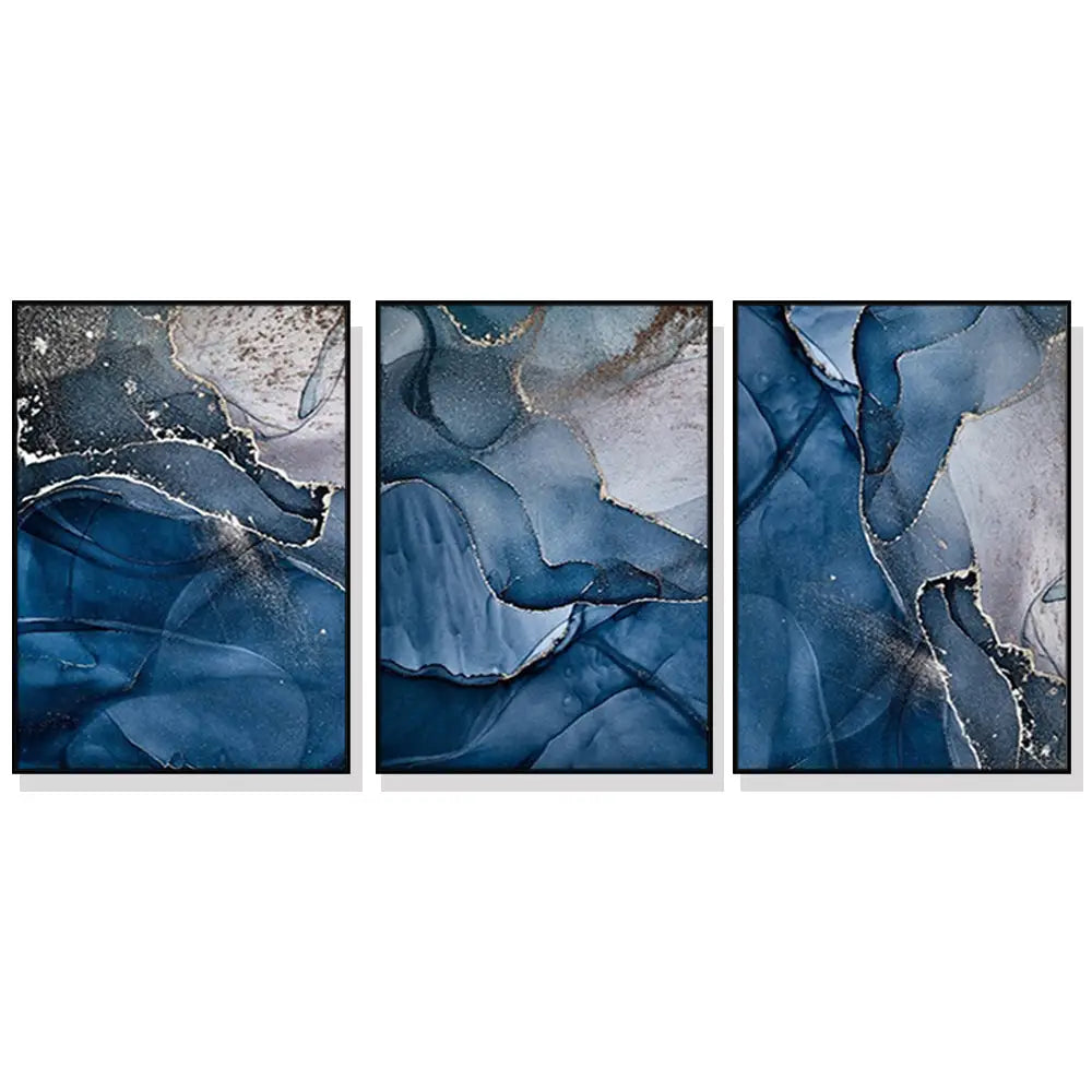 Wall Art 80cmx120cm Blue Gold Marble 3 Sets Black Frame Canvas - Home & Garden > Wall Art