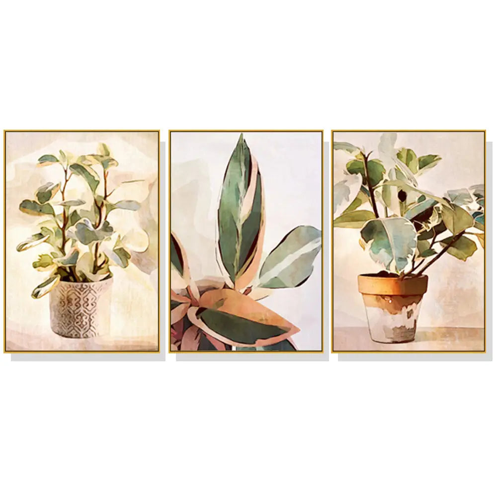 Wall Art 80cmx120cm Botanical Leaves Watercolor Style 3 Sets Gold Frame Canvas - Home & Garden > Wall Art