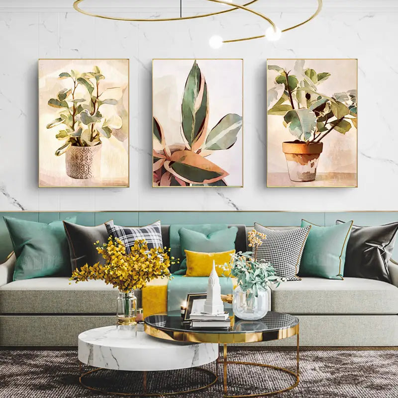 Wall Art 80cmx120cm Botanical Leaves Watercolor Style 3 Sets Gold Frame Canvas - Home & Garden > Wall Art