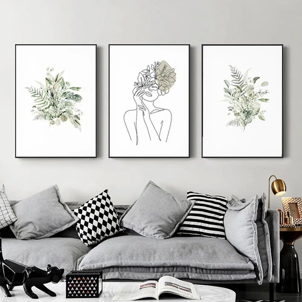 Wall Art 80cmx120cm Botanical Line Girl 3 Sets Black Frame Canvas - Home & Garden > Wall Art