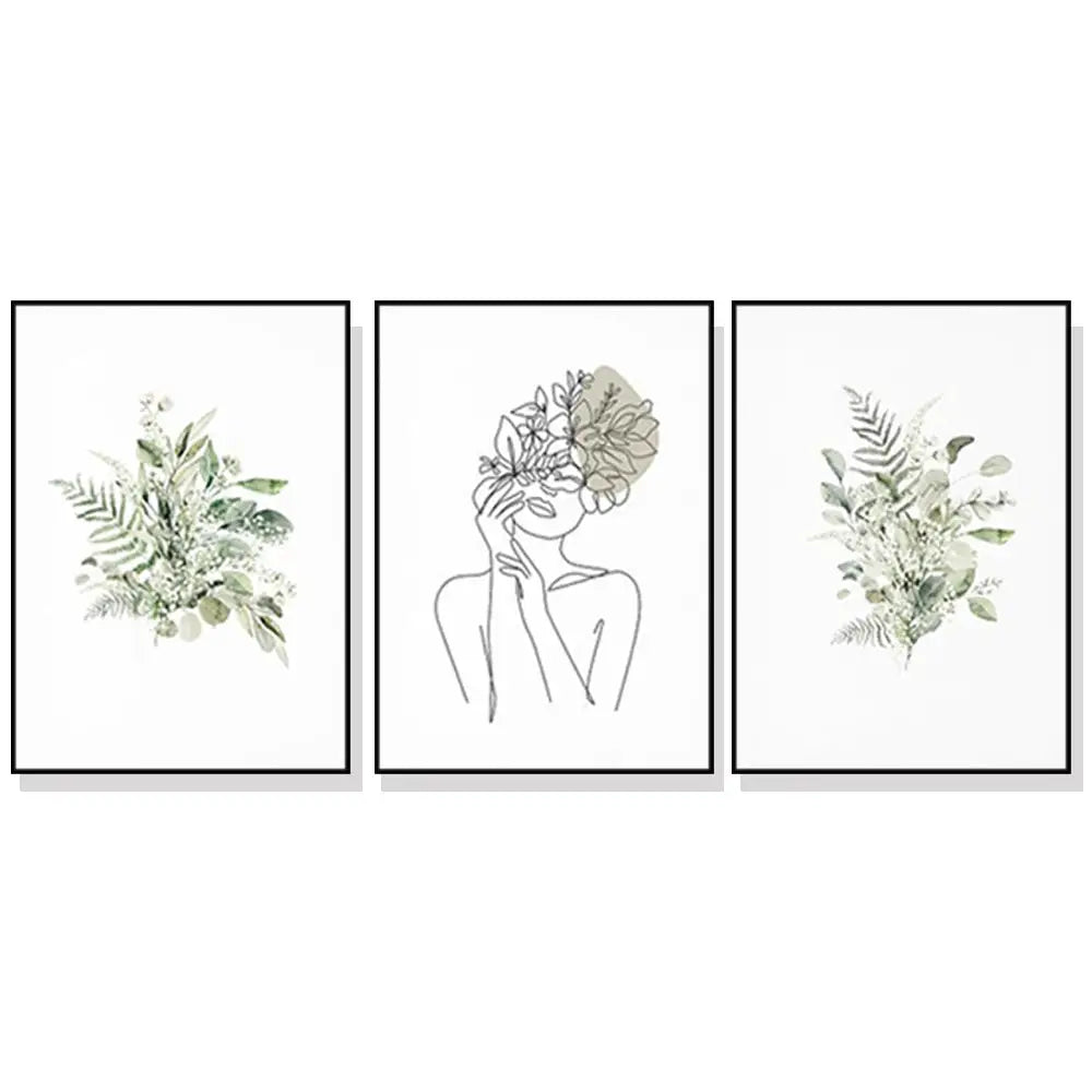 Wall Art 80cmx120cm Botanical Line Girl 3 Sets Black Frame Canvas - Home & Garden > Wall Art