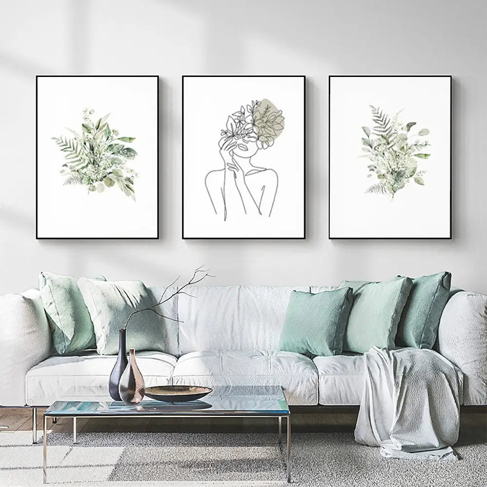 Wall Art 80cmx120cm Botanical Line Girl 3 Sets Black Frame Canvas - Home & Garden > Wall Art