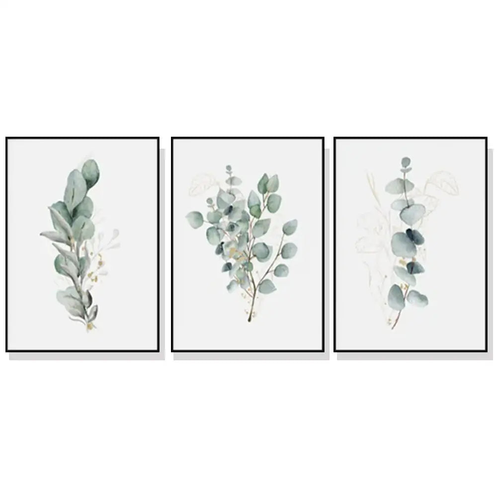 Wall Art 80cmx120cm Eucalyptus Plant 3 Sets Black Frame Canvas - Home & Garden > Wall Art