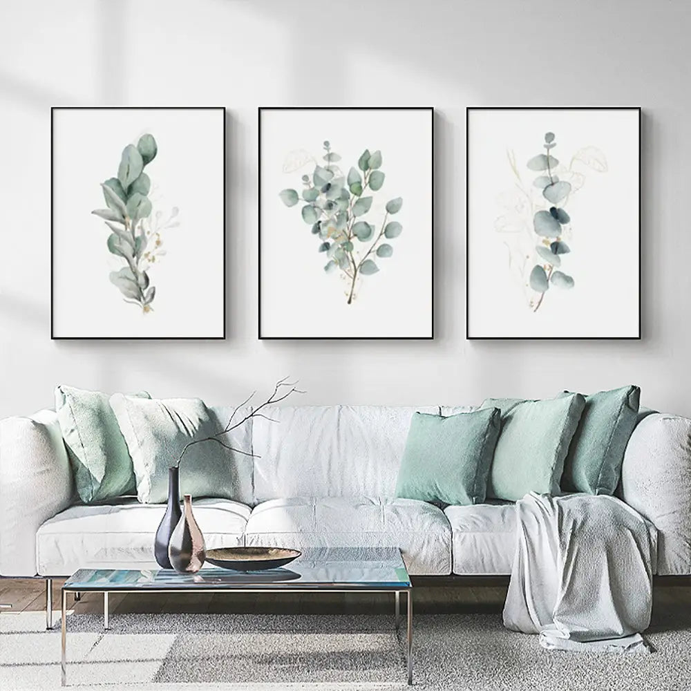 Wall Art 80cmx120cm Eucalyptus Plant 3 Sets Black Frame Canvas - Home & Garden > Wall Art