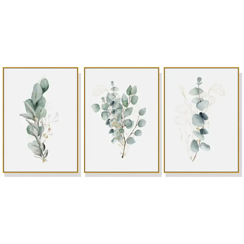 Wall Art 80cmx120cm Eucalyptus Plant 3 Sets Gold Frame Canvas - Home & Garden > Wall Art