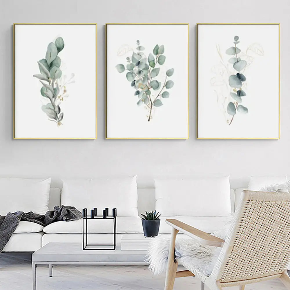 Wall Art 80cmx120cm Eucalyptus Plant 3 Sets Gold Frame Canvas - Home & Garden > Wall Art