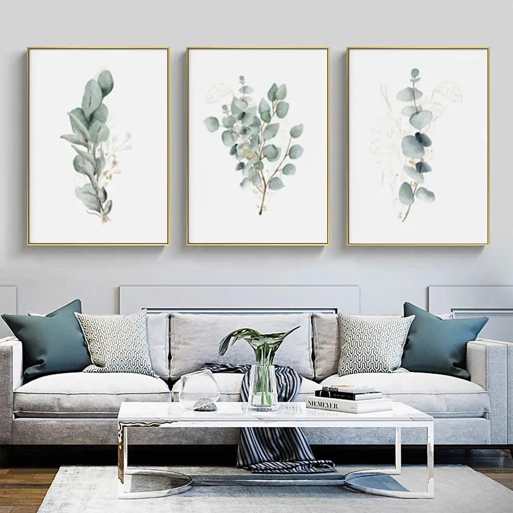 Wall Art 80cmx120cm Eucalyptus Plant 3 Sets Gold Frame Canvas - Home & Garden > Wall Art