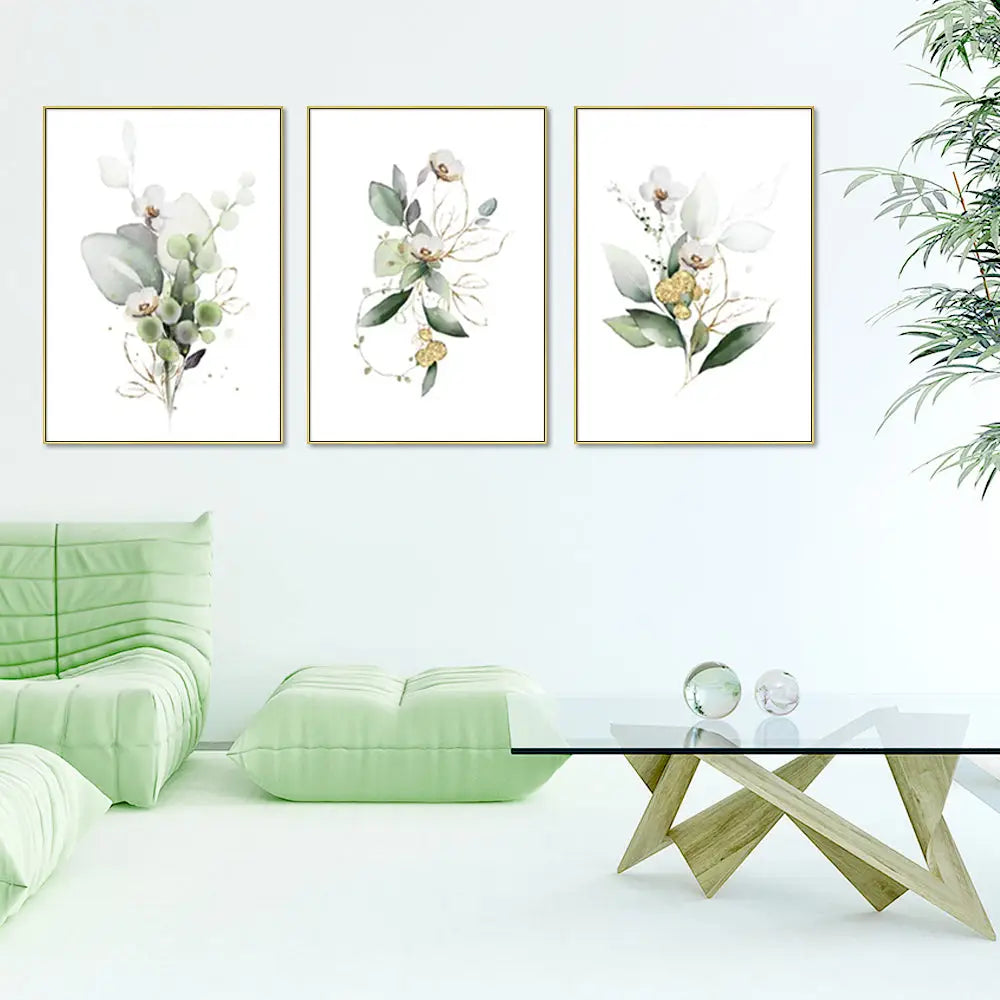Wall Art 80cmx120cm Green and Gold Watercolor Botanical 3 Sets Gold Frame Canvas - Home & Garden > Wall Art