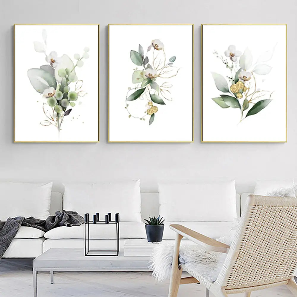 Wall Art 80cmx120cm Green and Gold Watercolor Botanical 3 Sets Gold Frame Canvas - Home & Garden > Wall Art