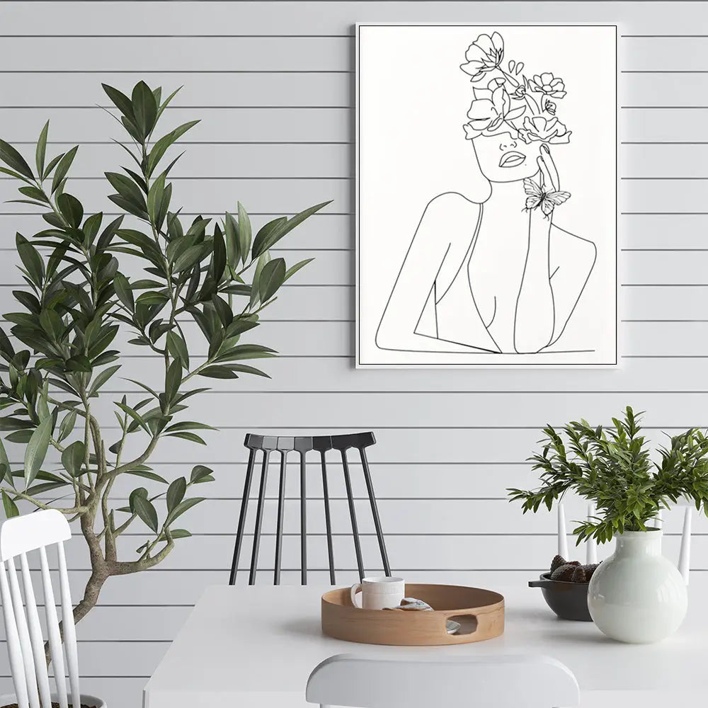Wall Art 80cmx120cm Line Art Girl White Frame Canvas - Home & Garden > Wall Art