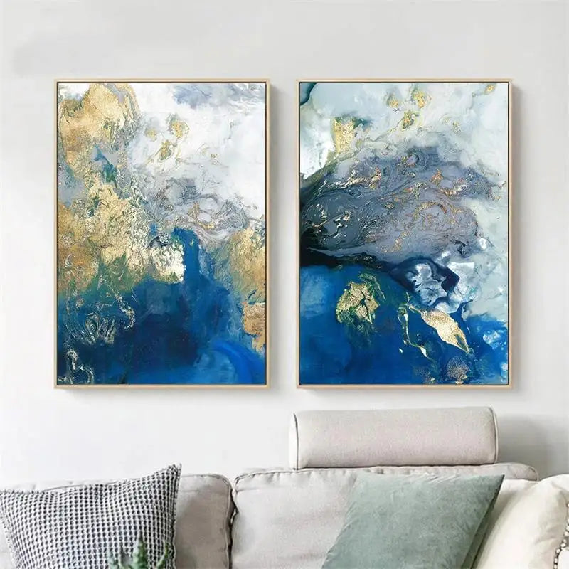 Wall Art 80cmx120cm Marbled Blue And Gold 2 Sets Gold Frame Canvas - Home & Garden > Wall Art
