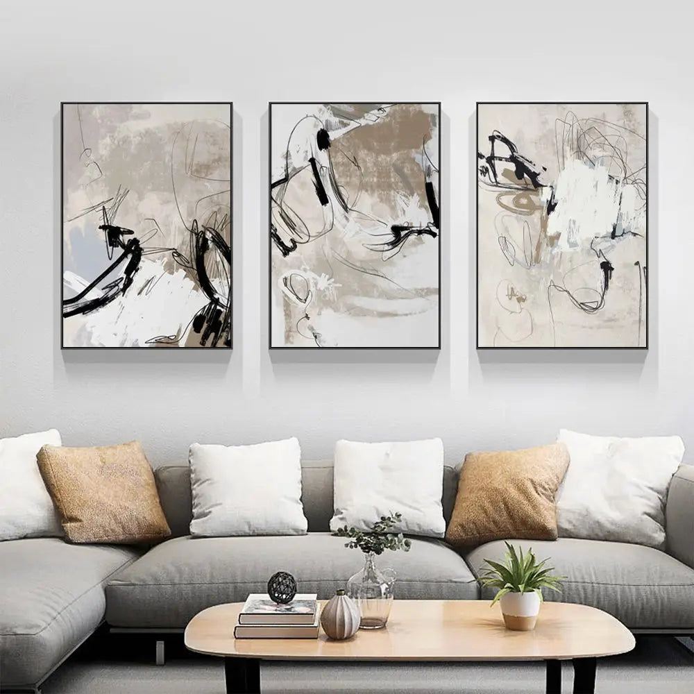 Wall Art 80cmx120cm Modern Abstract Beige 3 Sets Black Frame Canvas - Home & Garden > Wall Art