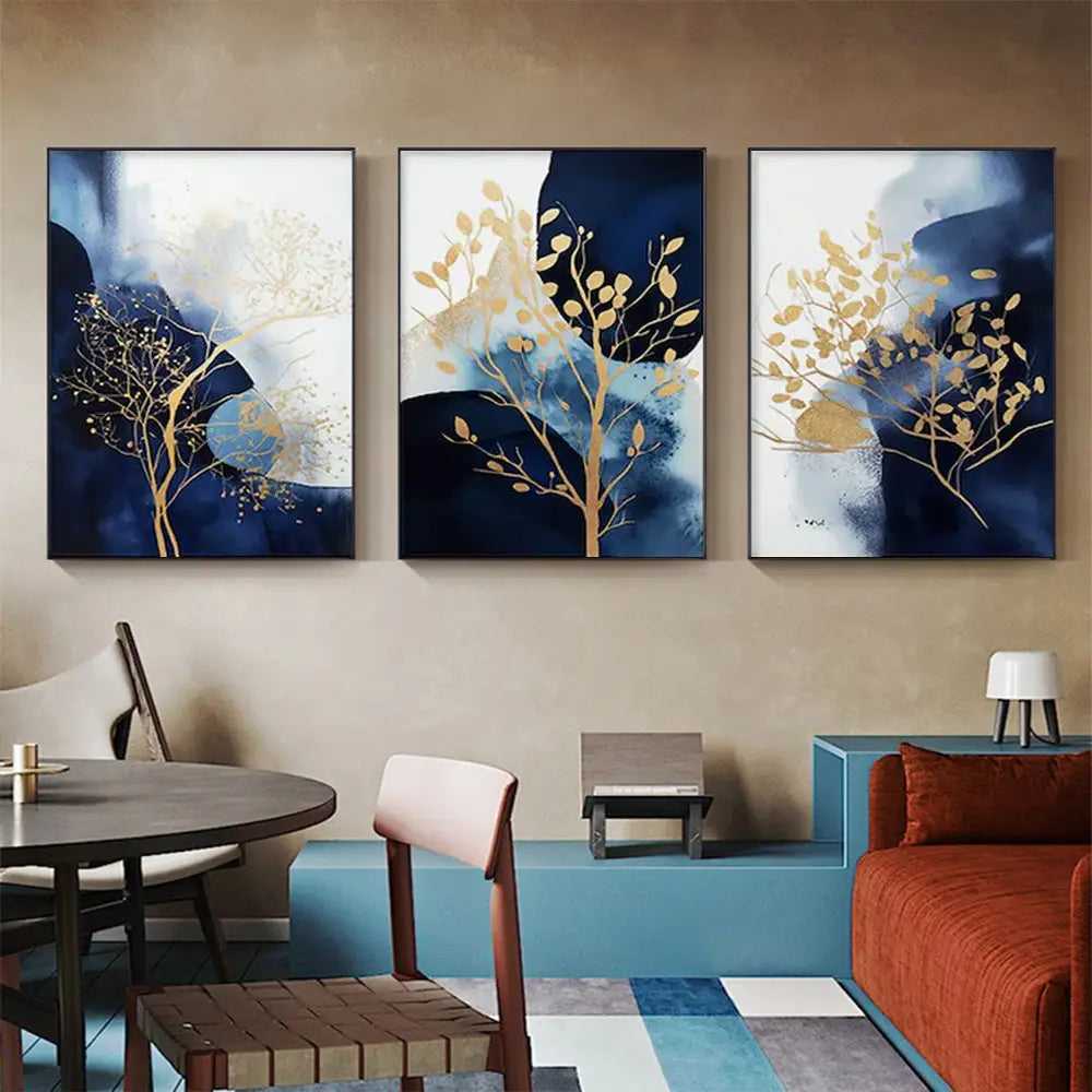Wall Art 80cmx120cm Navy and Gold Watercolor Shapes 3 Sets Black Frame Canvas - Home & Garden > Wall Art