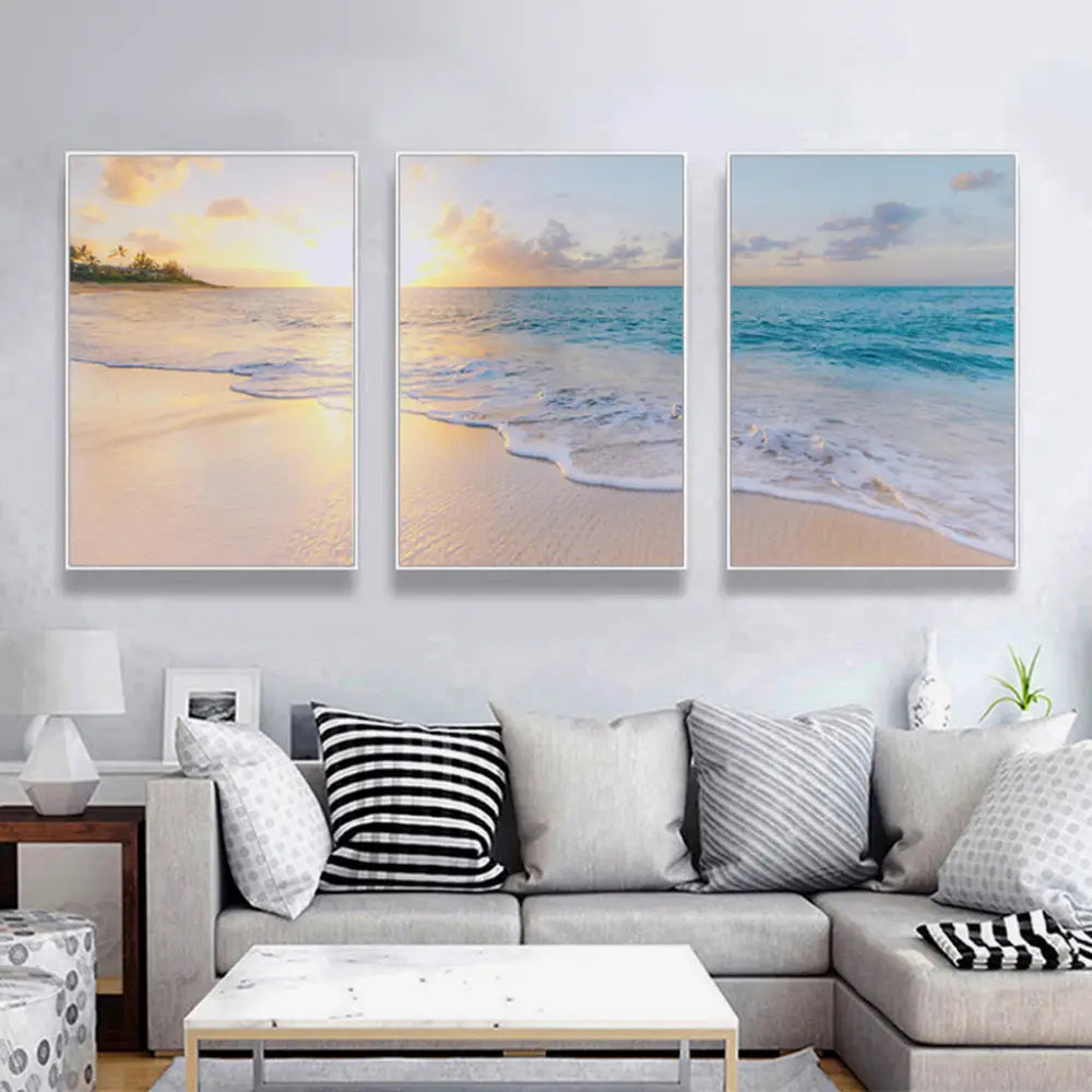 Wall Art 80cmx120cm Ocean and beach 3 Sets White Frame Canvas - Home & Garden > Wall Art