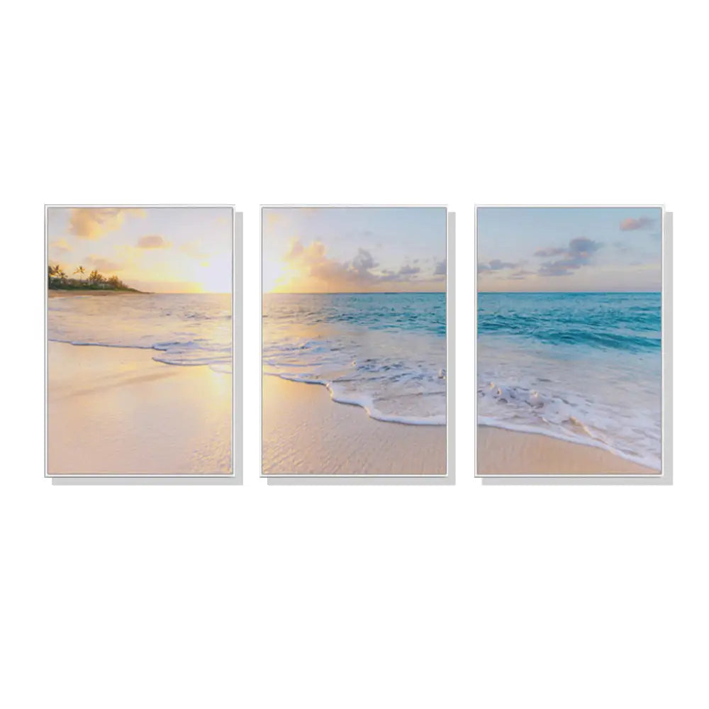 Wall Art 80cmx120cm Ocean and beach 3 Sets White Frame Canvas - Home & Garden > Wall Art