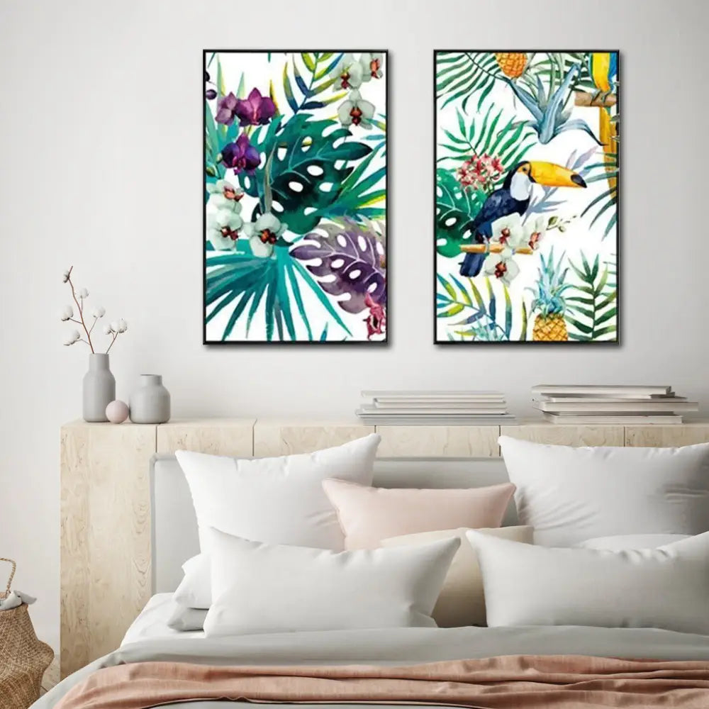 Wall Art 80cmx120cm Toucan and orchid 2 Sets Black Frame Canvas - Home & Garden > Wall Art