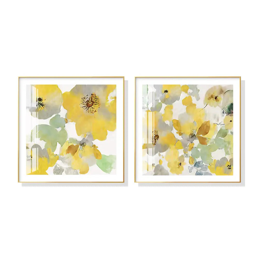Wall Art 80cmx80cm Yellow Flowers American Style 2 Sets Gold Frame Canvas - Home & Garden > Wall Art
