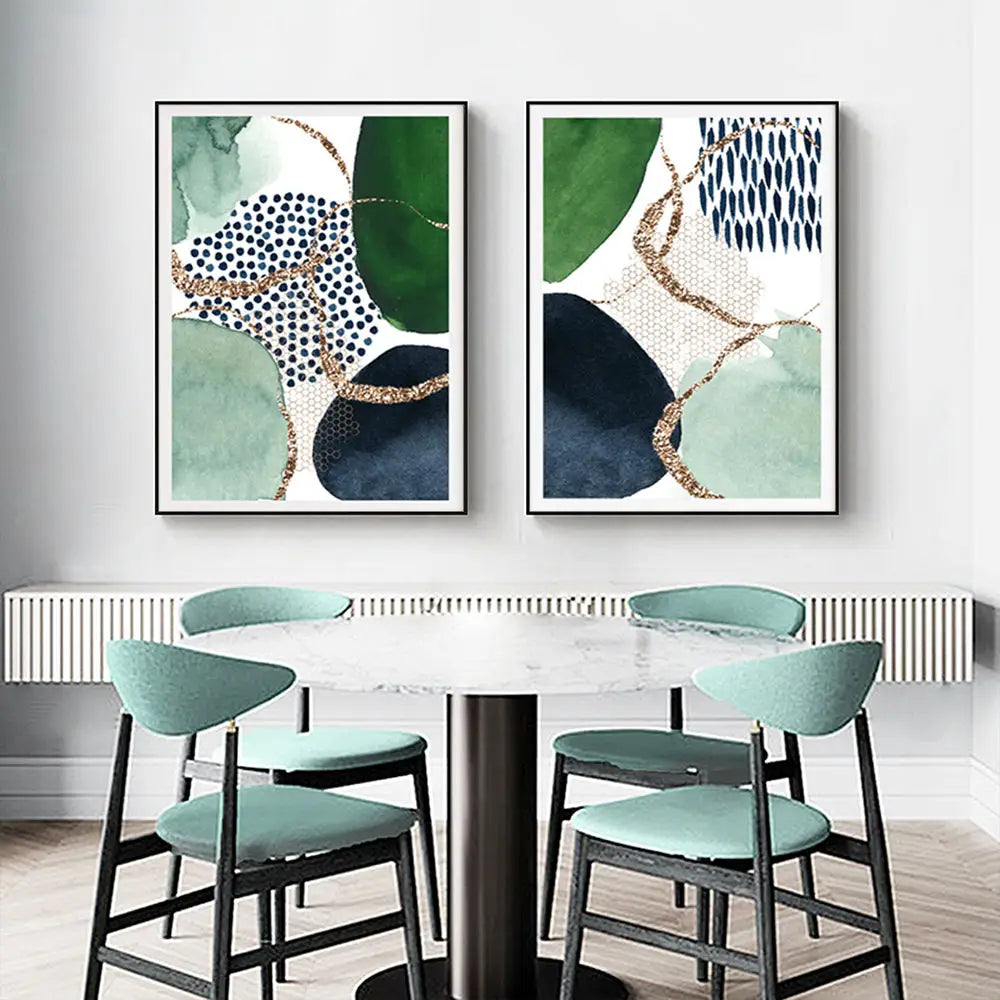 Wall Art 90cmx135cm Abstract Green and Navy 2 Sets Black Frame Canvas - Home & Garden > Wall Art