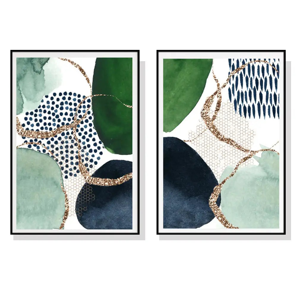 Wall Art 90cmx135cm Abstract Green and Navy 2 Sets Black Frame Canvas - Home & Garden > Wall Art
