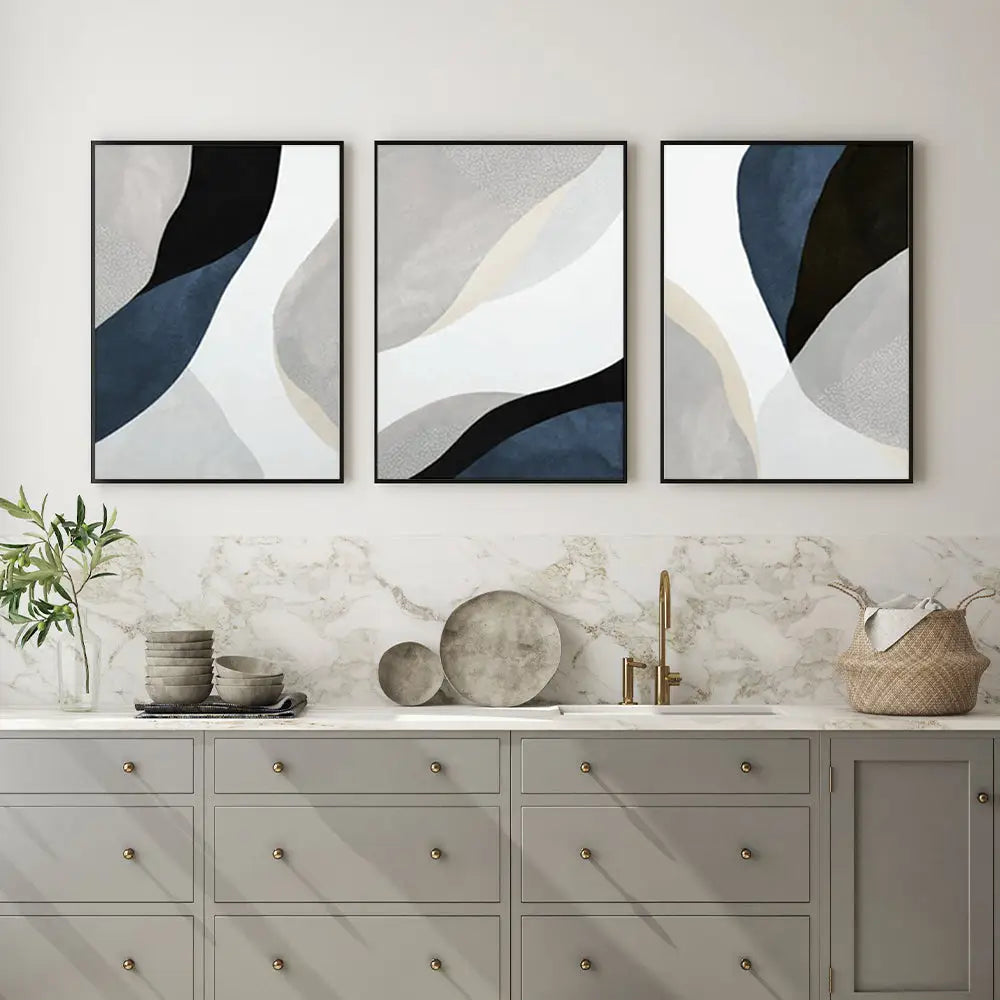 Wall Art 90cmx135cm Abstract Navy Blue 3 Sets Black Frame Canvas - Home & Garden > Wall Art