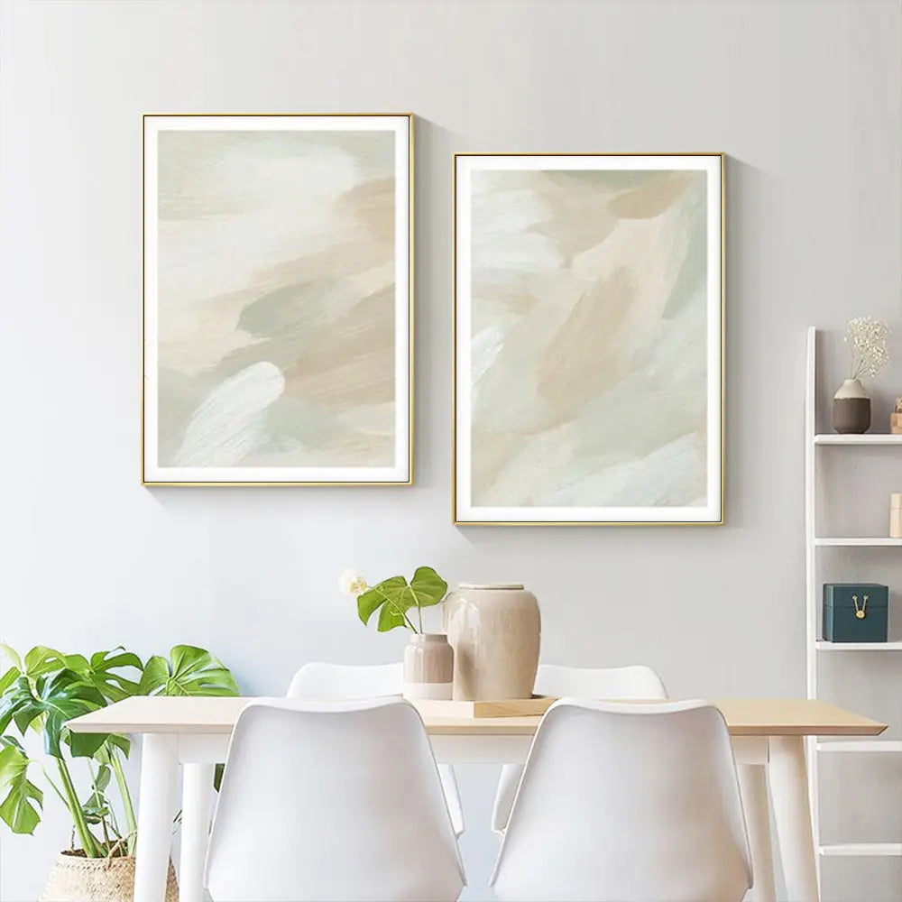 Wall Art 90cmx135cm Beige and Sage Green 2 Sets Gold Frame Canvas - Home & Garden > Wall Art