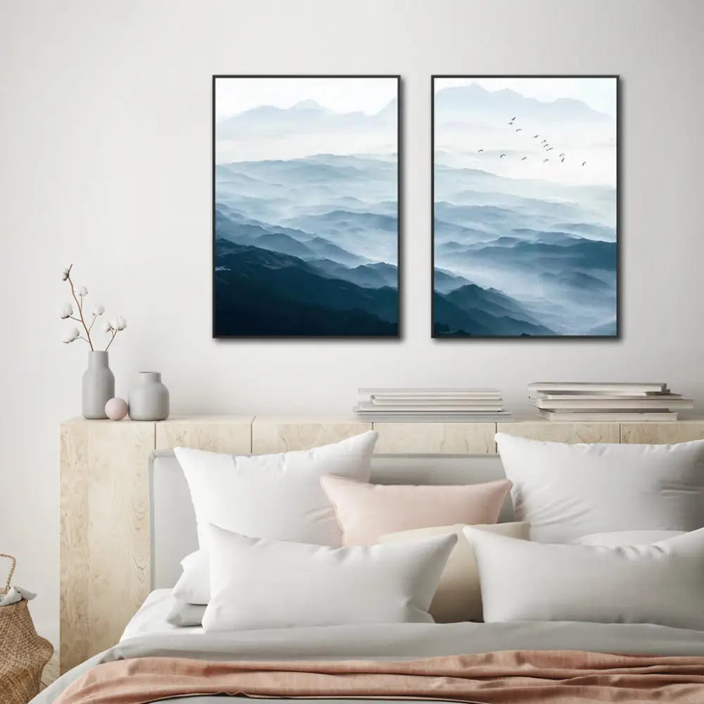 Wall Art 90cmx135cm Blue mountains 2 Sets Black Frame Canvas - Home & Garden > Wall Art
