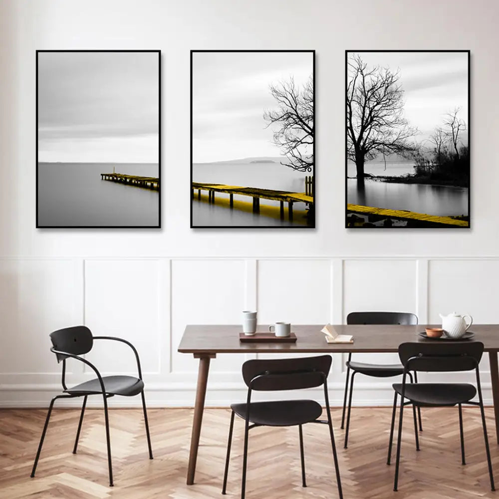 Wall Art 90cmx135cm Calm Lake Bridge Tree Scene 3 Sets Black Frame Canvas - Home & Garden > Wall Art