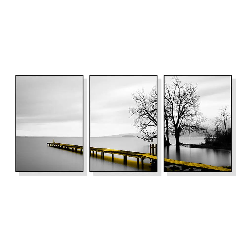 Wall Art 90cmx135cm Calm Lake Bridge Tree Scene 3 Sets Black Frame Canvas - Home & Garden > Wall Art