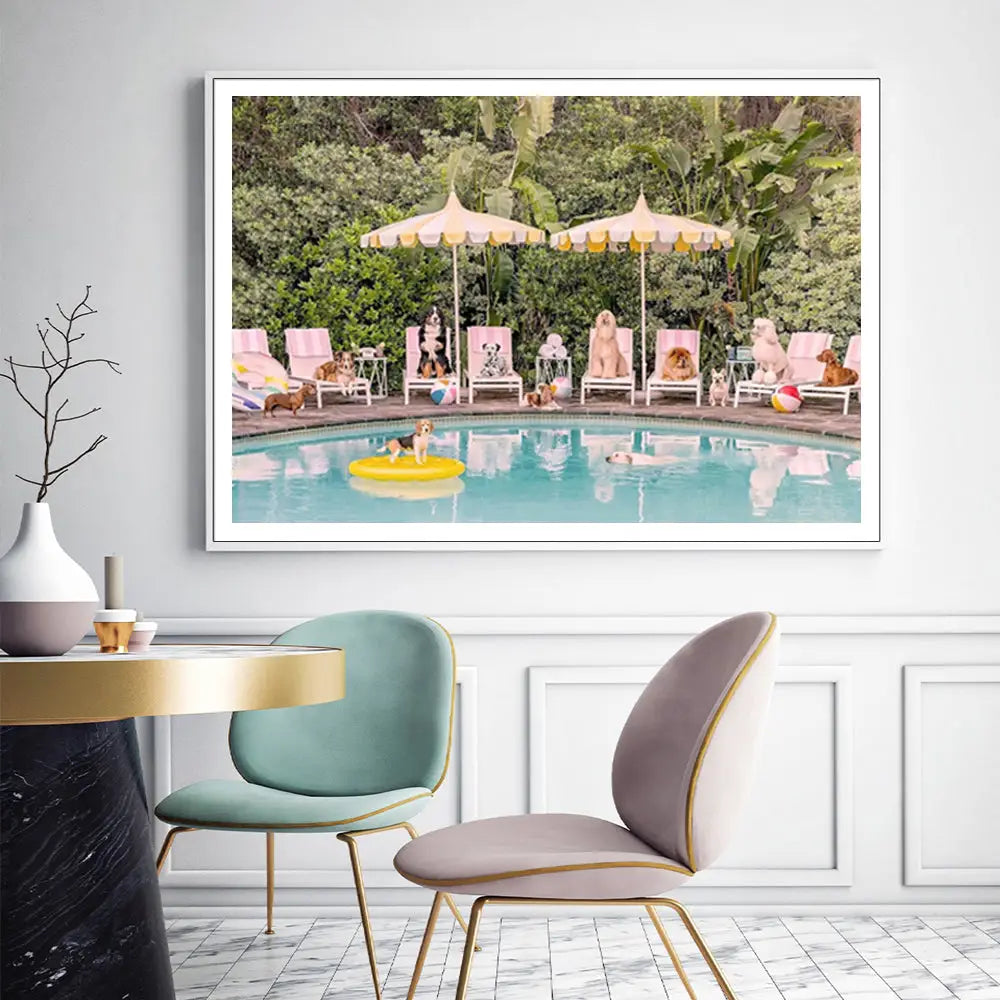 Wall Art 90cmx135cm Dogs at Beverley Hills Hotel White Frame Canvas - Home & Garden > Wall Art