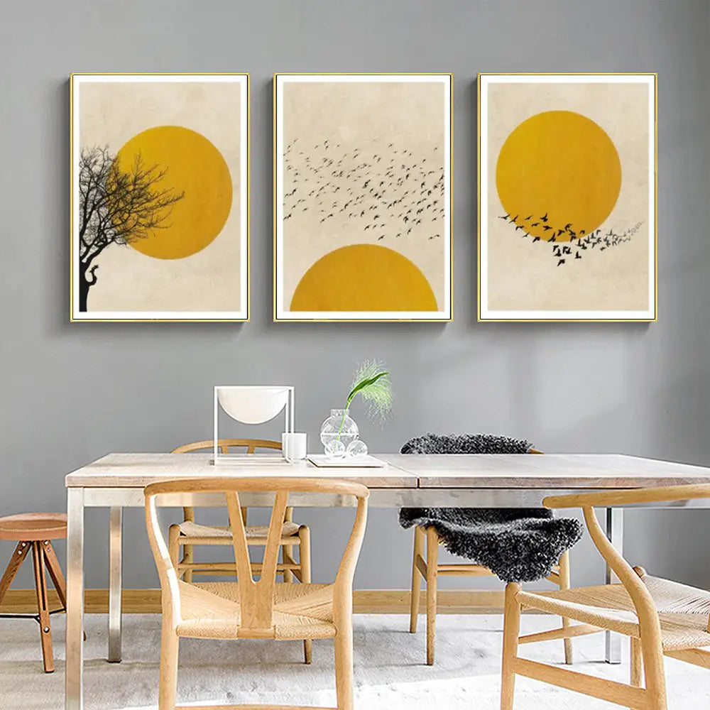 Wall Art 90cmx135cm Flock Of Birds Sun Silhouette 3 Sets Gold Frame Canvas - Home & Garden > Wall Art