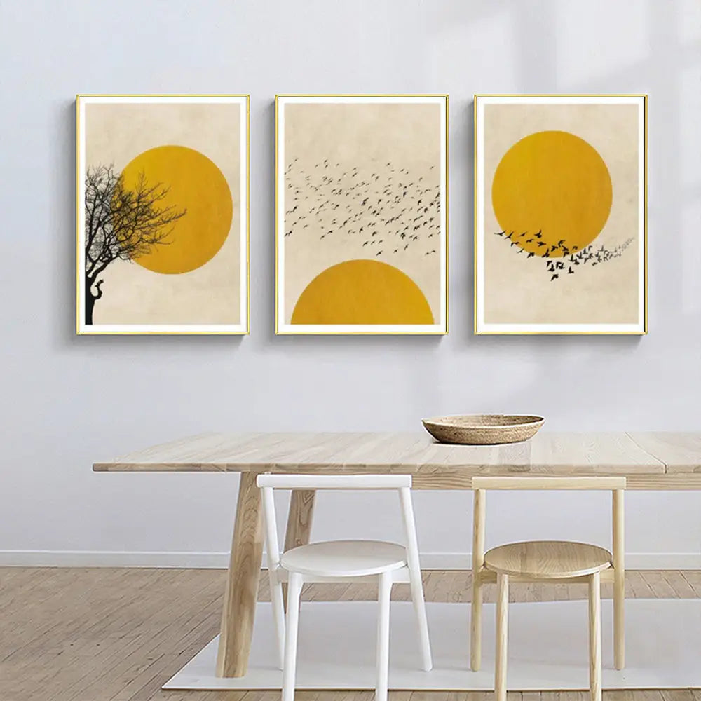 Wall Art 90cmx135cm Flock Of Birds Sun Silhouette 3 Sets Gold Frame Canvas - Home & Garden > Wall Art