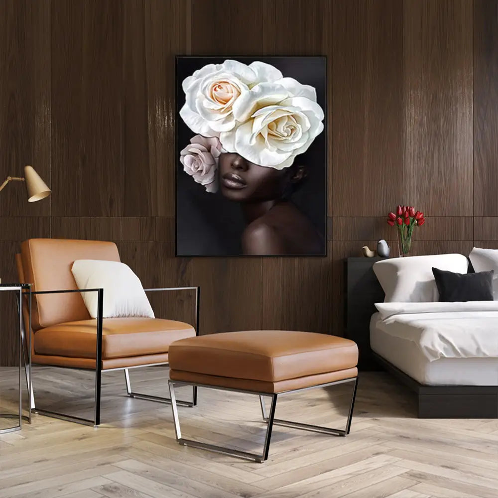 Wall Art 90cmx135cm Flower African Woman Black Frame Canvas - Home & Garden > Wall Art