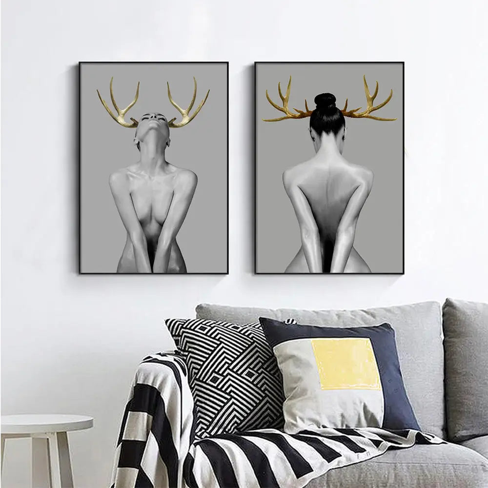 Wall Art 90cmx135cm Girl With Gold Horn 2 Sets Black Frame Canvas - Home & Garden > Wall Art